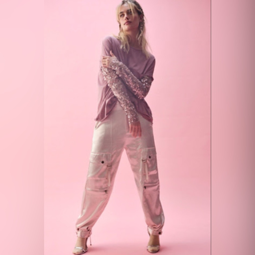 Free People Pink and Cream Track Pants